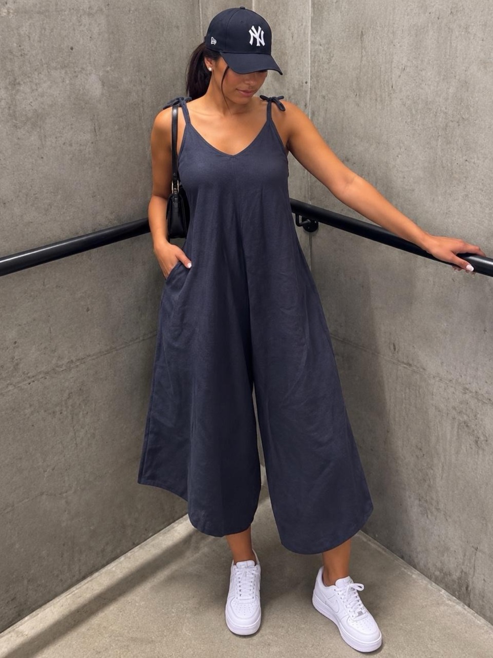 Sleeveless Tie-Shoulder Navy Wide-Leg Jumpsuit